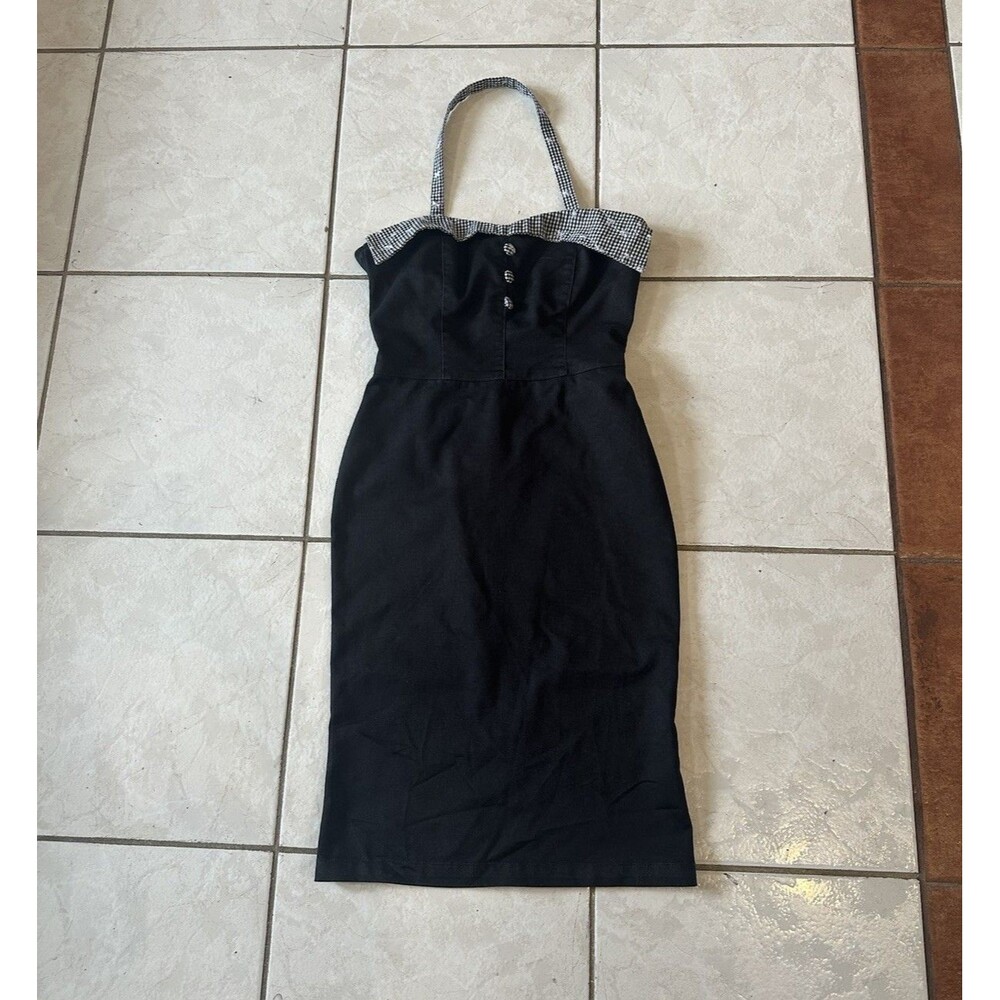 VTG 90s Rock Steady Black & White Pinup Girl Dress Gingham Button Halter S Y2K